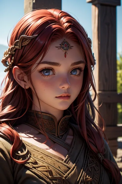 girl's face with Nordic features, ancient Roman era, loose red hair, Celtic setting