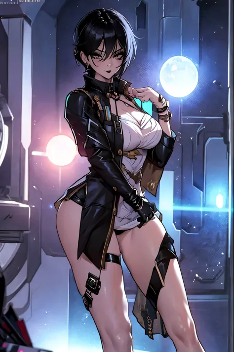 sexy girl, black lipstick, short hair, black stockings, thick ass, clothes, solo, cyberpunk, cyberpunk style, clothes in cyberpu...