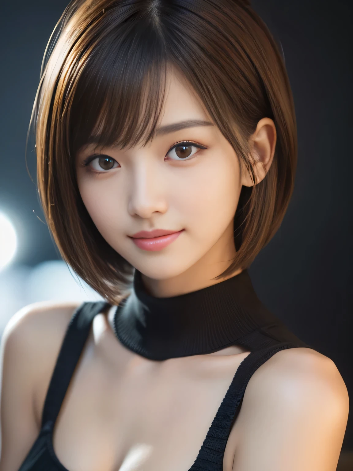 masterpiece, best quality, ultra-detailed, intricately detailed hyperdetailed, realistic, sharp features, highly detailed, sharp focus, 20 years old, Japanese,idol, perfect face, perfect face, perfect symmetrically perfect eyes, perfect full lips, flexible female form, film light, hyper detailed, hyper realistic, high resolution, vibrant, dynamic studio lighting, short hair, Brown Hair, Shoulder Length Layered, asymmetrical bangs, brown Eyes, (Impish Smile:1.2), cowboy shot, (black knit)