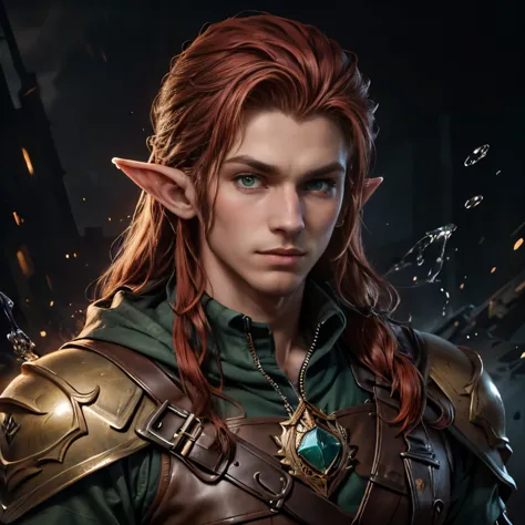 (masterpiece), best quality, high quality, (1male), adult male elf, pointy ears, handsome, (red hair), long hair, tidy hair, gre...