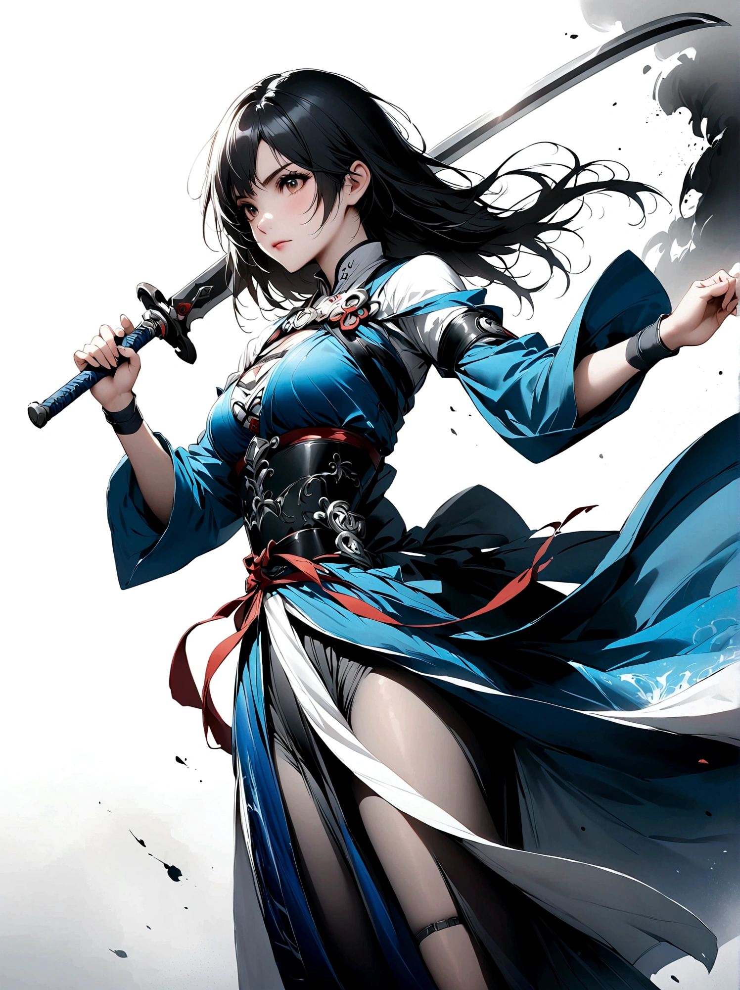 Artistic ink painting，Three-dimensional ink painting，Minimalism，Minimalist graphics，Minimal Art，Anime girl holding a sword，whole body，Chinese style，antiquity，Ink Painting，Blue robe，Black long hair，Black and white background，古韵White Space，White Space，大面积White Space，Texture Matte，Low saturation，Minimalist composition，Master composition