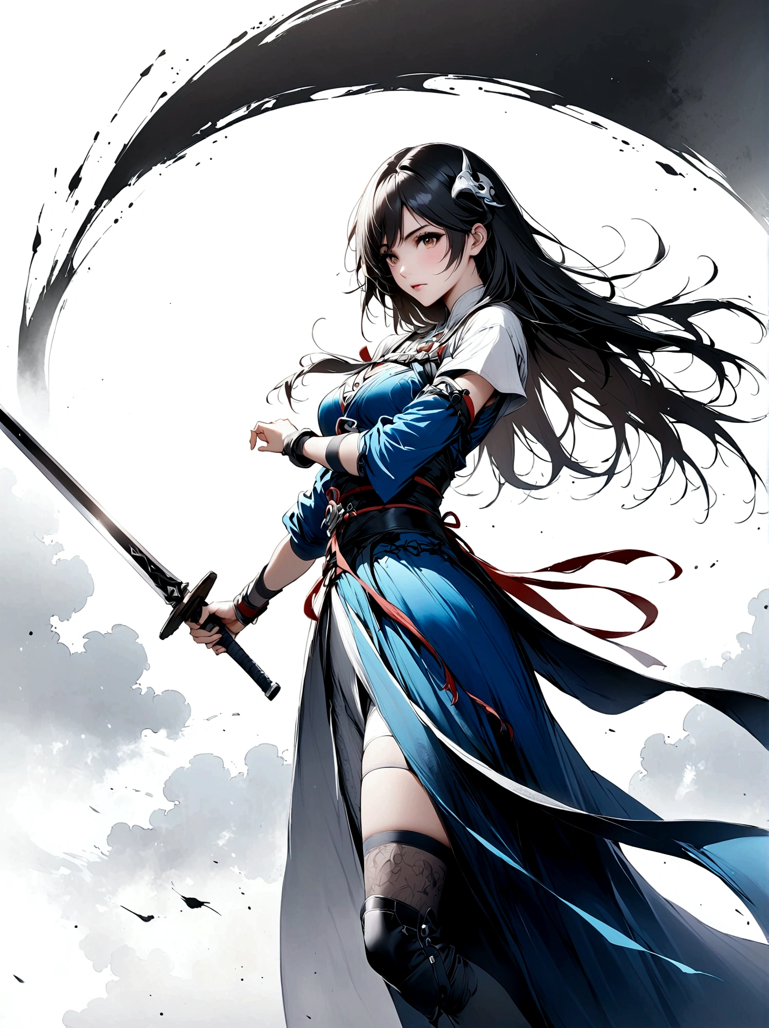 Artistic ink painting，Three-dimensional ink painting，Minimalism，Minimalist graphics，Minimal Art，Anime girl holding a sword，whole body，Chinese style，antiquity，Ink Painting，Blue robe，Black long hair，Black and white background，古韵White Space，White Space，大面积White Space，Texture Matte，Low saturation，Minimalist composition，Master composition