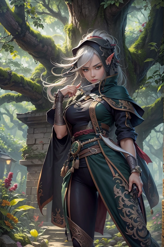 (best quality,very detailed,realistic),elf ninja girl,garden setting,Eyes and face are detailed,flowing hair,athlete&#39;s physique,Wearing a stylish black ninja outfit,striking pose,jump gracefully,Background with tall ancient trees,mysterious atmosphere,Soft sunlight shining through the leaves,vivid colors,dynamic lighting,blurred foreground elements,Creating depth and movement,Emphasizes the agility and stealth of elf ninjas,Creates a feeling of mystery and adventure..