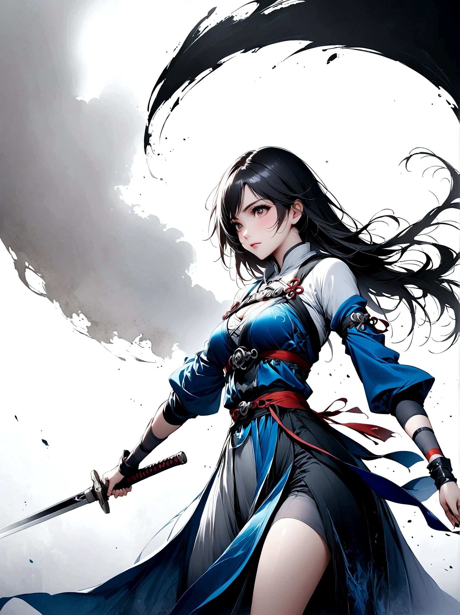 Artistic ink painting，Three-dimensional ink painting，Minimalism，Minimalist graphics，Minimal Art，Anime girl holding a sword，whole body，Chinese style，antiquity，Ink Painting，Blue robe，Black long hair，Black and white background，古韵White Space，White Space，大面积White Space，Texture Matte，Low saturation，Minimalist composition，Master composition