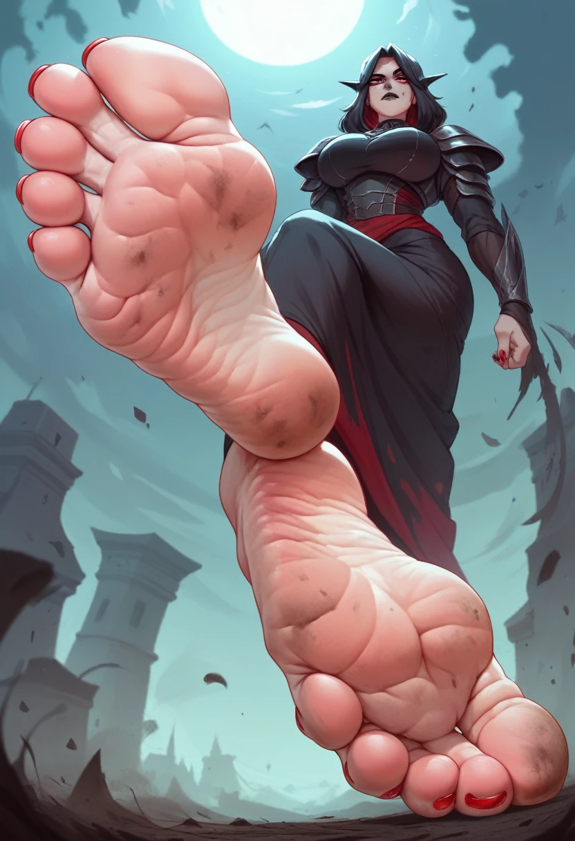 Giant feet soles and toes, red toesnail, black and red backfround, the ground was made of dark water, ultra detailed, wrinkled soles, dirty soles, no character. Masterpiece, 4k, low-angle view