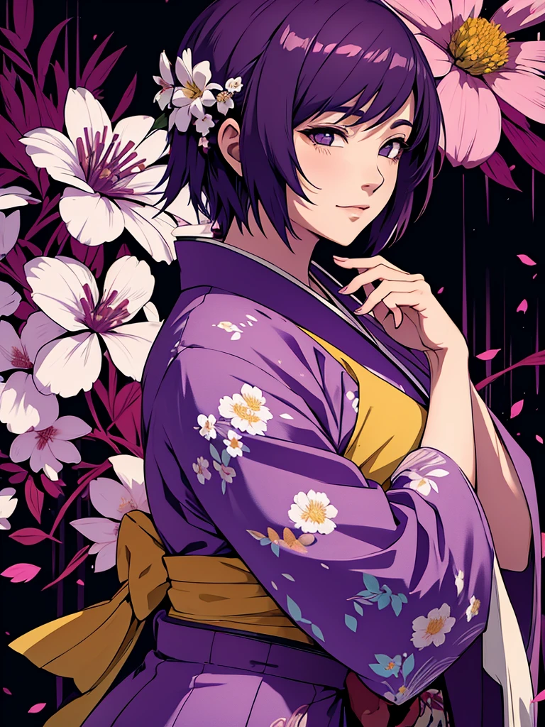 1women, wearing a long kimono, Japanese kimono with flower art, purple colour short hair, 8k, high detailed, high quality
