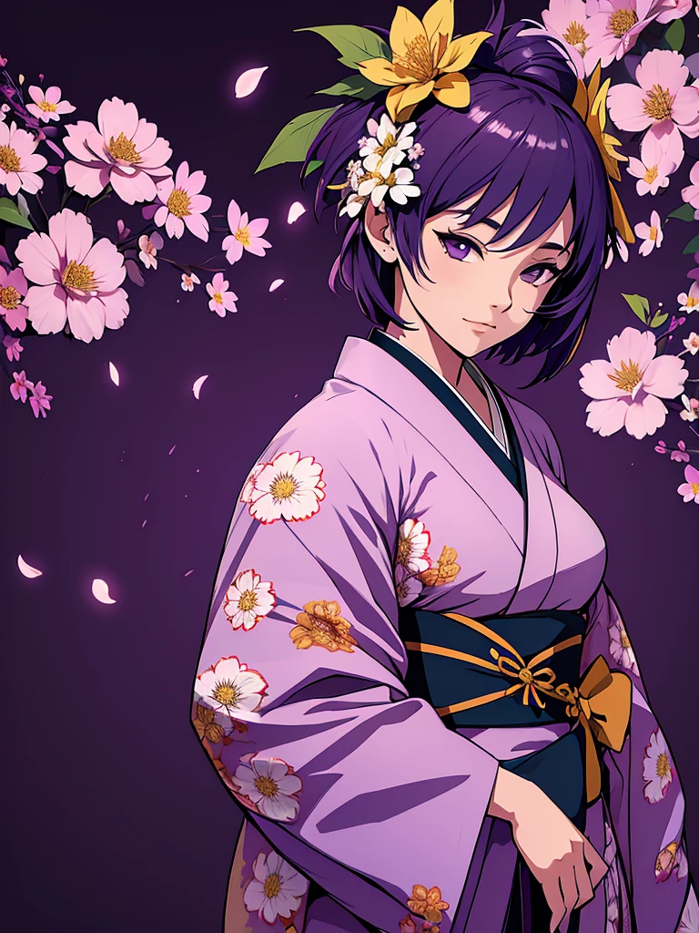 1women, wearing a long kimono, Japanese kimono with flower art, purple colour short hair, 8k, high detailed, high quality
