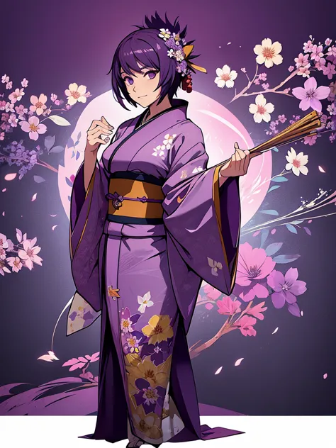 1women, wearing a long kimono, Japanese kimono with flower art, purple colour short hair, 8k, high detailed, high quality
