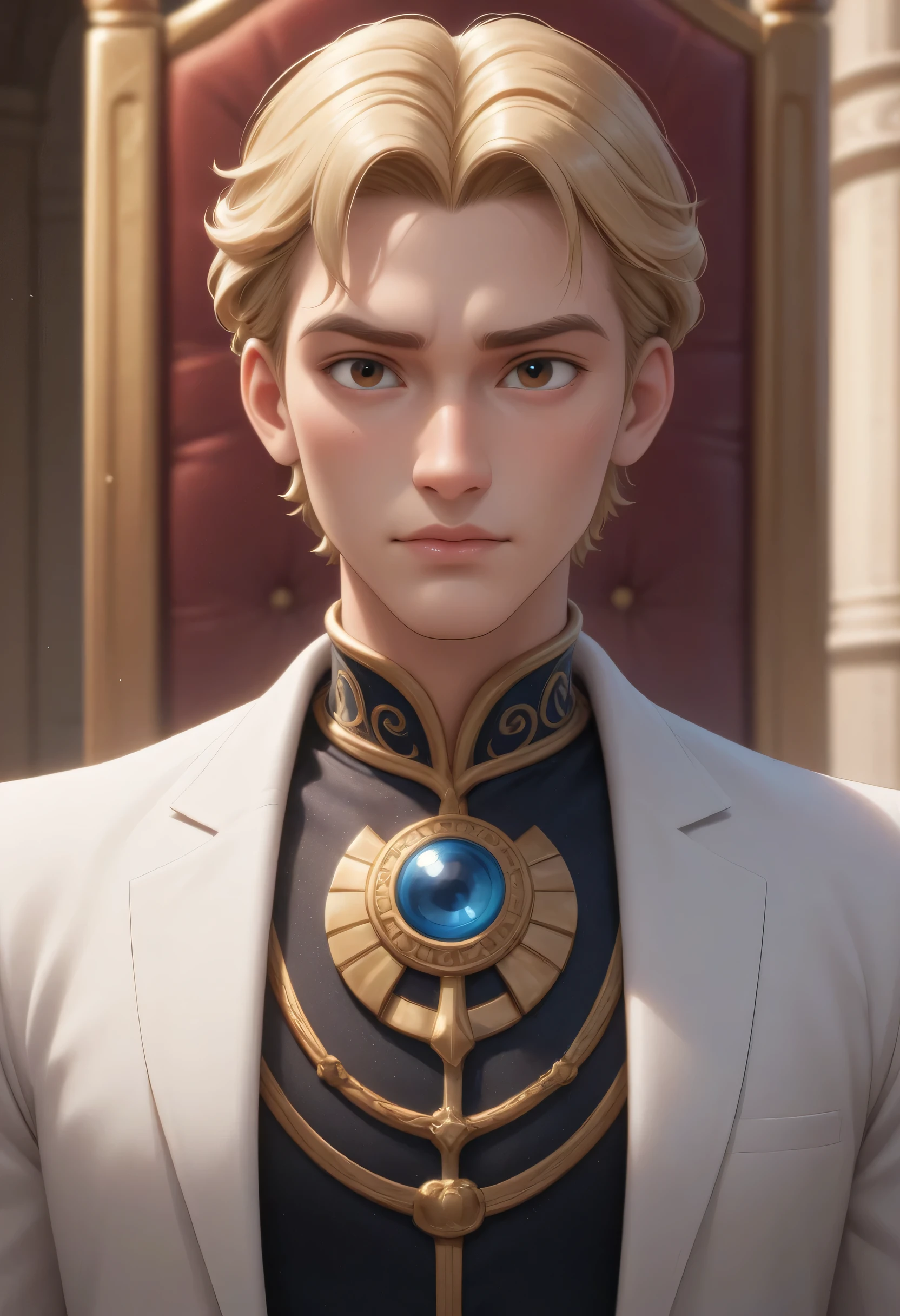 disney pixar style,1male,20 year old, handsome, mature, perfect face, perfect eyes, sculpted jaw, blonde hair, short hair, bare forehead,brown_eyes, masculine, manly, cool, rough, look at the viewer, wearing black princely clothes with gold decoration,(on a palace throne made of metal), in a large palace hall),(masterpiece )extremely detailed, one picture, solo, only 2 hands, ultra detailed,best quality, upper body in frame,3d style,cartoon,disney pixar style,nighttime,score_9, score_8, score_8_up