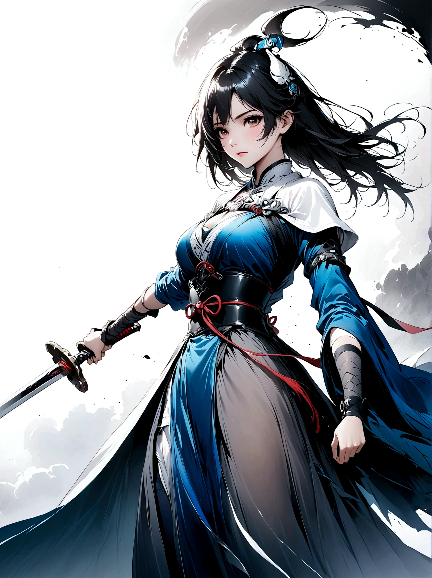 Artistic ink painting，Three-dimensional ink painting，Minimalism，Minimalist graphics，Minimal Art，Anime girl holding a sword，whole body，Chinese style，antiquity，Ink Painting，Blue robe，Black long hair，Black and white background，古韵White Space，White Space，大面积White Space，Texture Matte，Low saturation，Minimalist composition，Master composition