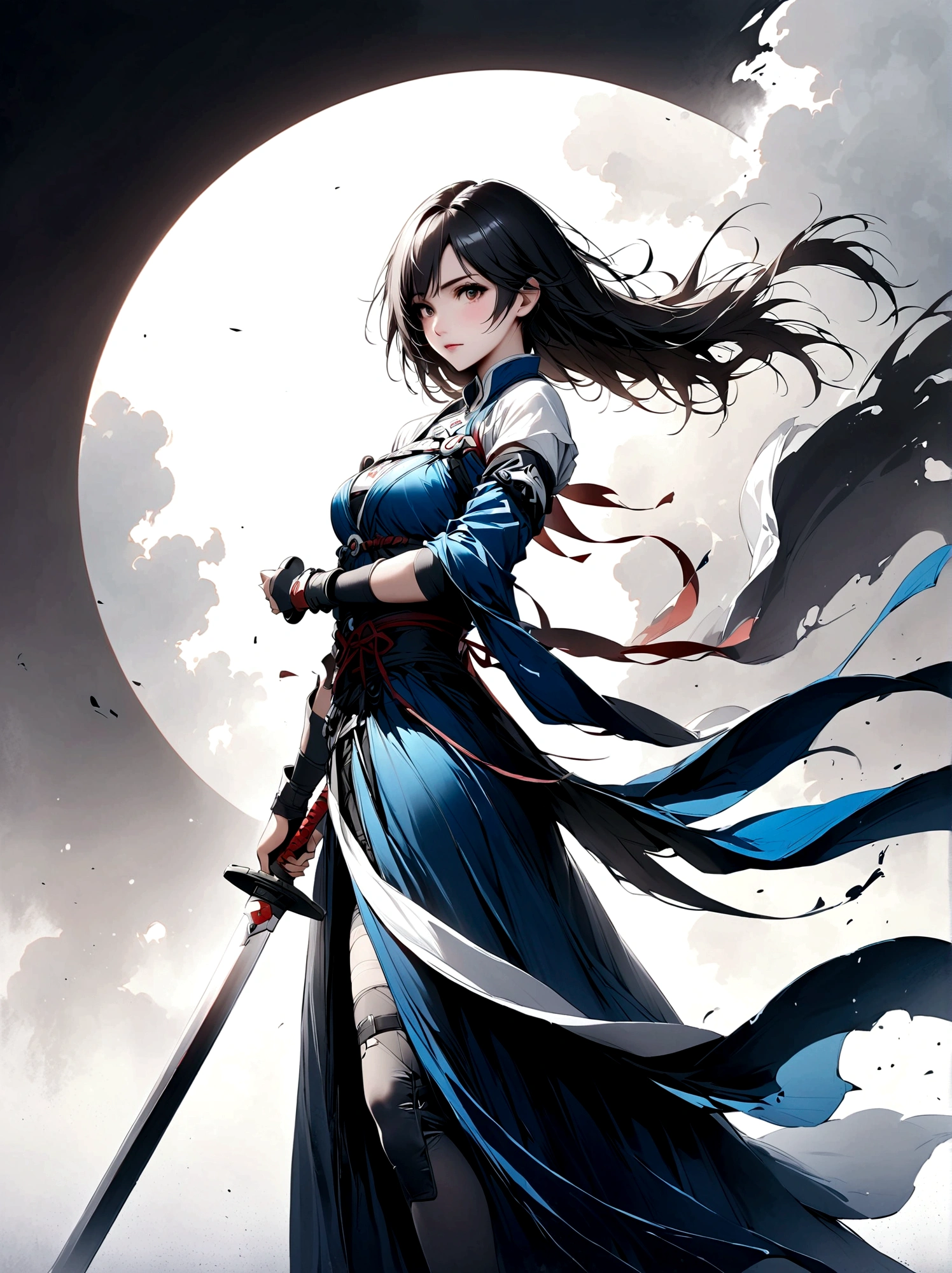 Artistic ink painting，Three-dimensional ink painting，Minimalism，Minimalist graphics，Minimal Art，Anime girl holding a sword，whole body，Chinese style，antiquity，Ink Painting，Blue robe，Black long hair，Black and white background，古韵White Space，White Space，大面积White Space，Texture Matte，Low saturation，Minimalist composition，Master composition