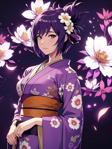 1women, wearing a long kimono, Japanese kimono with flower art, at a japan city, , purple colour short hair, 8k, high detailed, ...