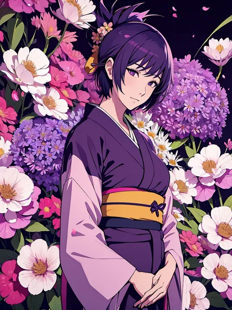 1women, wearing a long kimono, Japanese kimono with flower art, at a japan city, , purple colour short hair, 8k, high detailed, ...