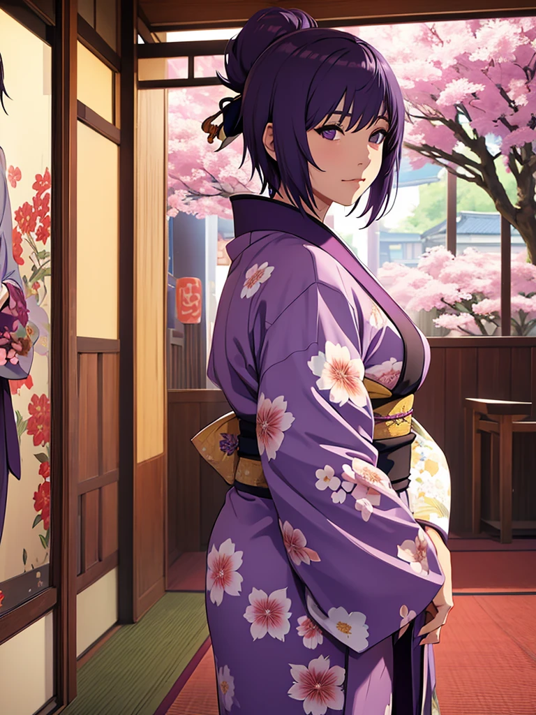 1women, wearing a long kimono, Japanese kimono with flower art, at a japan city, , purple colour short hair, 8k, high detailed, high quality
