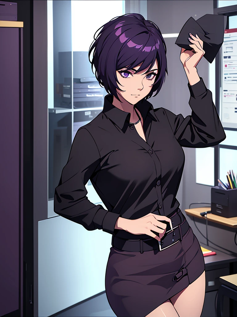 1women, wearing a black colour office suit, black tight skirt, at an office, purple colour short hair, 8k, high detailed, high quality
