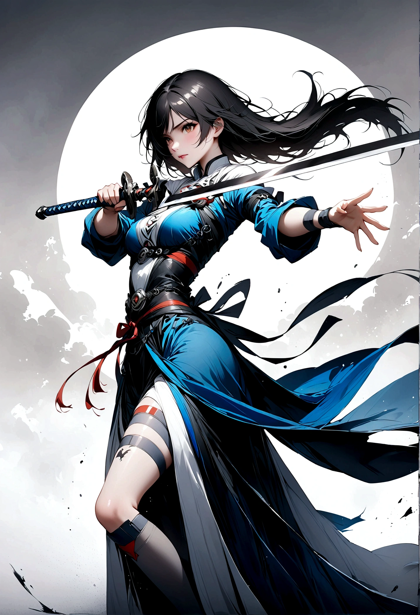 Artistic ink painting，Three-dimensional ink painting，Minimalism，Minimalist graphics，Minimal Art，Anime girl holding a sword，whole body，Chinese style，antiquity，Ink Painting，Blue robe，Black long hair，Black and white background，古韵White Space，White Space，大面积White Space，Texture Matte，Low saturation，Minimalist composition，Master composition