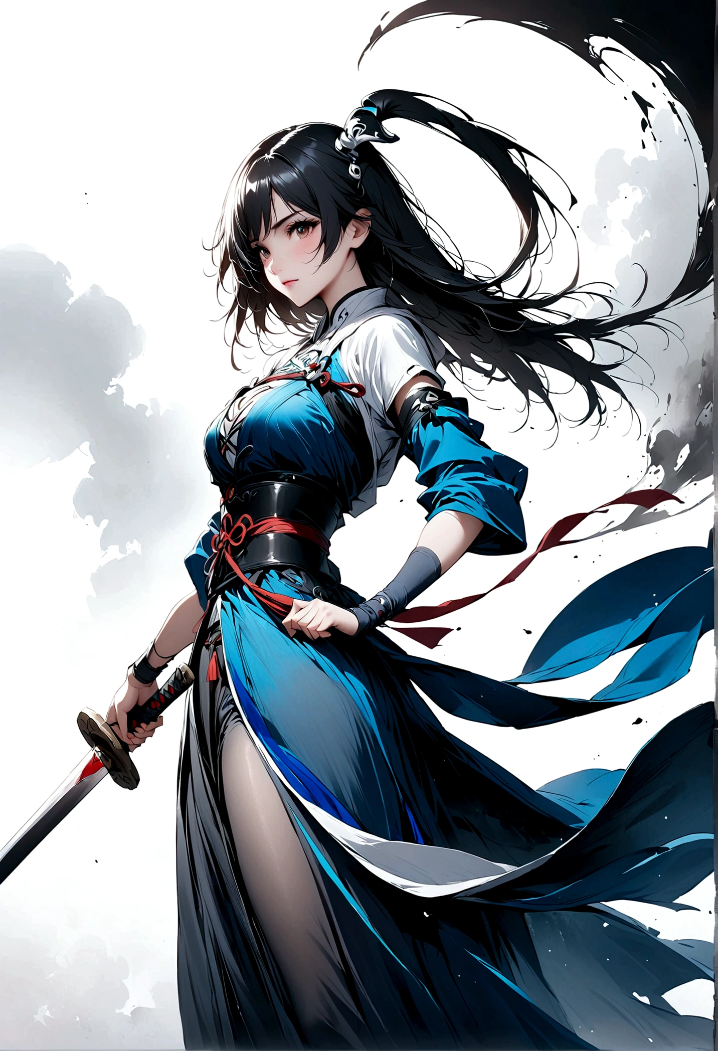 Artistic ink painting，Three-dimensional ink painting，Minimalism，Minimalist graphics，Minimal Art，Anime girl holding a sword，whole body，Chinese style，antiquity，Ink Painting，Blue robe，Black long hair，Black and white background，古韵White Space，White Space，大面积White Space，Texture Matte，Low saturation，Minimalist composition，Master composition