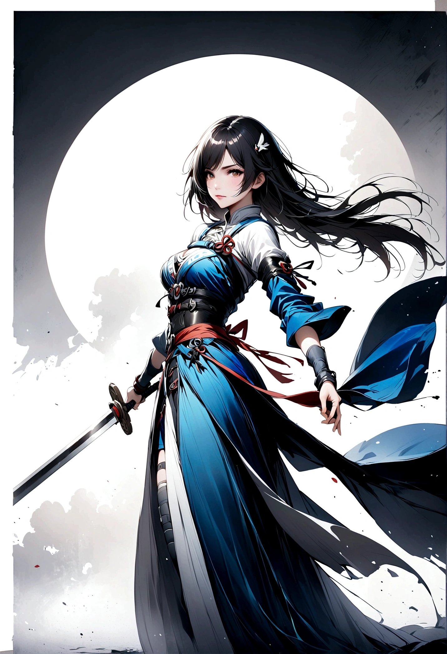 Artistic ink painting，Three-dimensional ink painting，Minimalism，Minimalist graphics，Minimal Art，Anime girl holding a sword，whole body，Chinese style，antiquity，Ink Painting，Blue robe，Black long hair，Black and white background，古韵White Space，White Space，大面积White Space，Texture Matte，Low saturation，Minimalist composition，Master composition