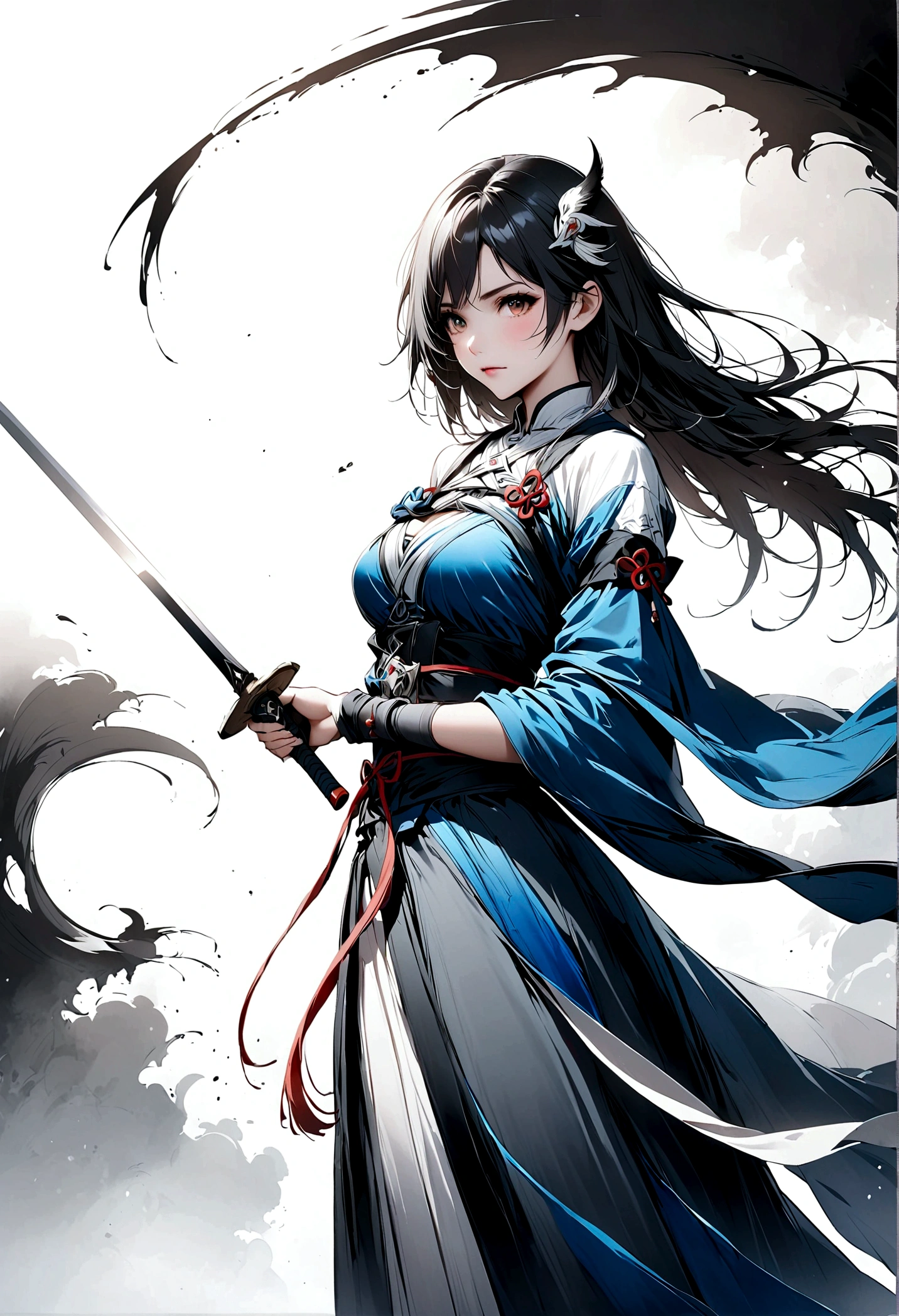 Artistic ink painting，Three-dimensional ink painting，Minimalism，Minimalist graphics，Minimal Art，Anime girl holding a sword，whole body，Chinese style，antiquity，Ink Painting，Blue robe，Black long hair，Black and white background，古韵White Space，White Space，大面积White Space，Texture Matte，Low saturation，Minimalist composition，Master composition