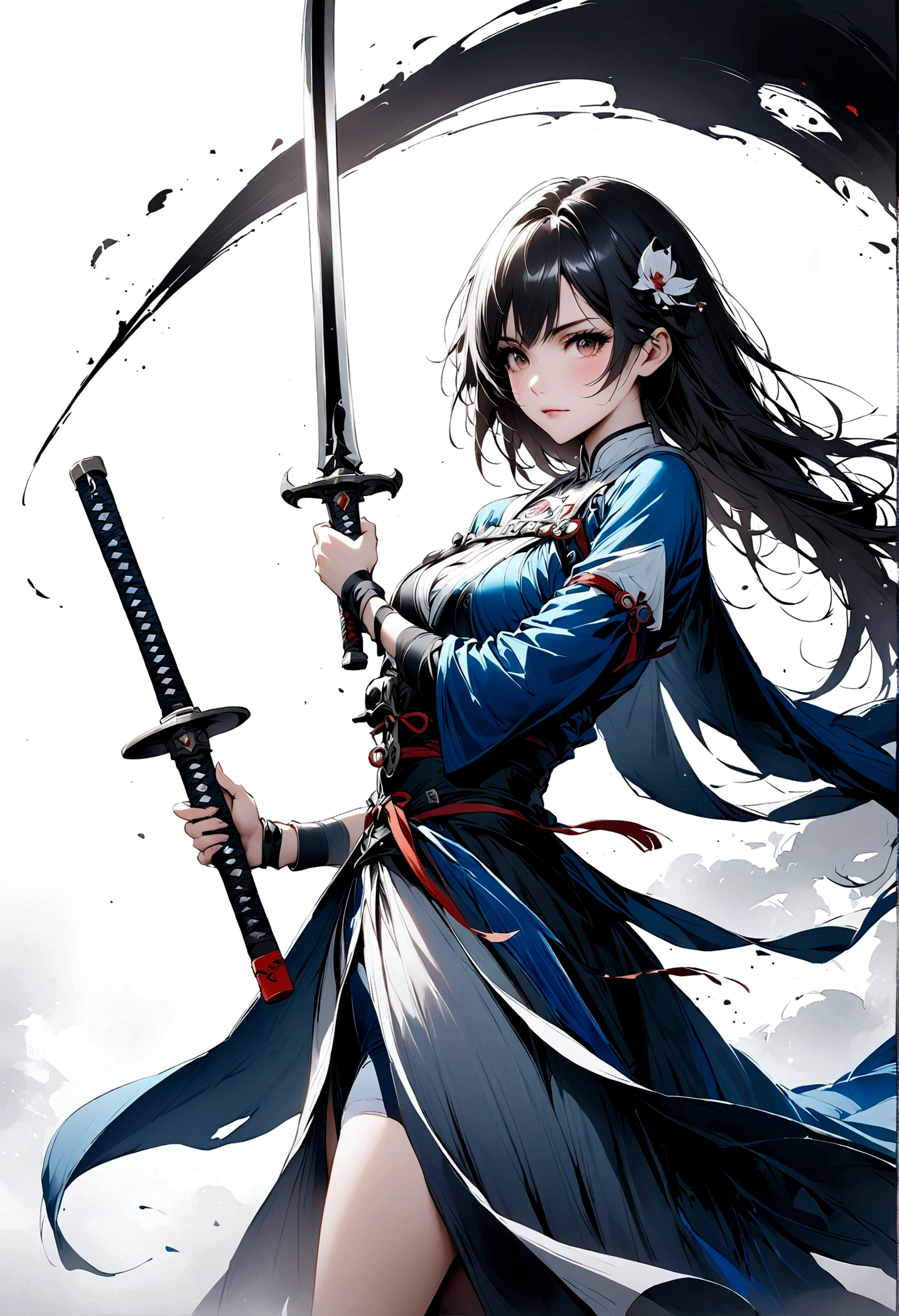 Artistic ink painting，Three-dimensional ink painting，Minimalism，Minimalist graphics，Minimal Art，Anime girl holding a sword，whole body，Chinese style，antiquity，Ink Painting，Blue robe，Black long hair，Black and white background，古韵White Space，White Space，大面积White Space，Texture Matte，Low saturation，Minimalist composition，Master composition