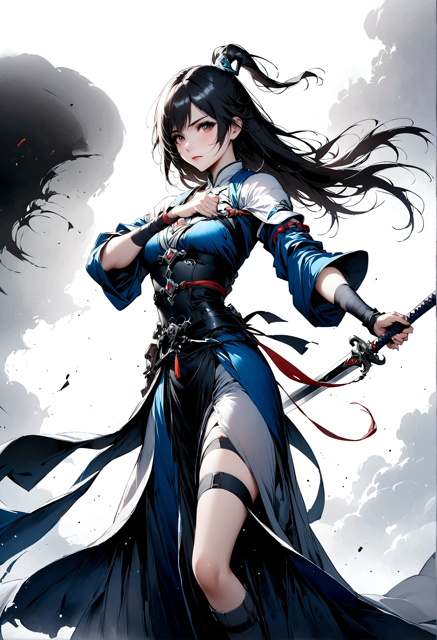 Artistic ink painting，Three-dimensional ink painting，Minimalism，Minimalist graphics，Minimal Art，Anime girl holding a sword，whole body，Chinese style，antiquity，Ink Painting，Blue robe，Black long hair，Black and white background，古韵White Space，White Space，大面积White Space，Texture Matte，Low saturation，Minimalist composition，Master composition