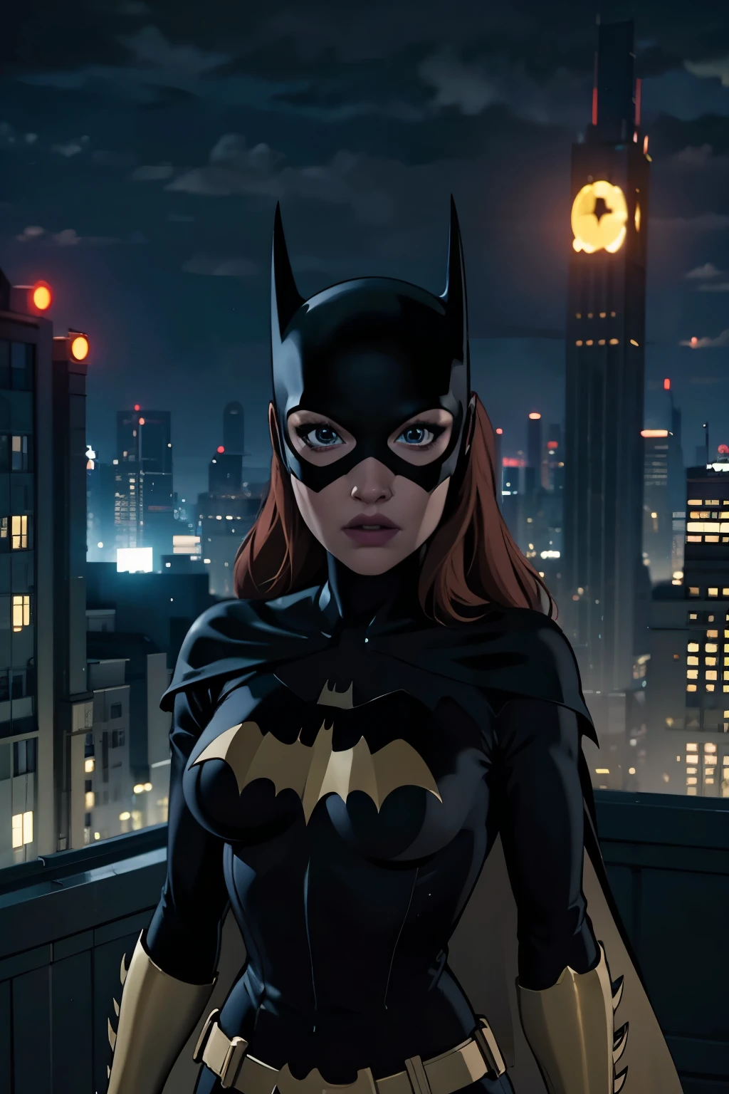 Batgirl, batgirl on the roof, night, Roof of the building, upper body, Cinematic lighting, masterpiece, Highest quality, Like in a movie, still from the film