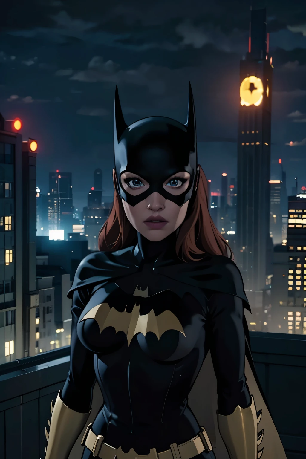 Batgirl, Batgirl no telhado, noite, telhado do edifício, tronco, iluminação cinematográfica, obra de arte, mais alta qualidade, como em um filme, ainda do filme