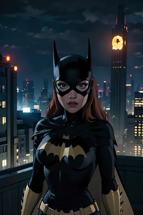 Batgirl, batgirl on the roof, night, Roof of the building, upper body, Cinematic lighting, masterpiece, Highest quality, Like in...