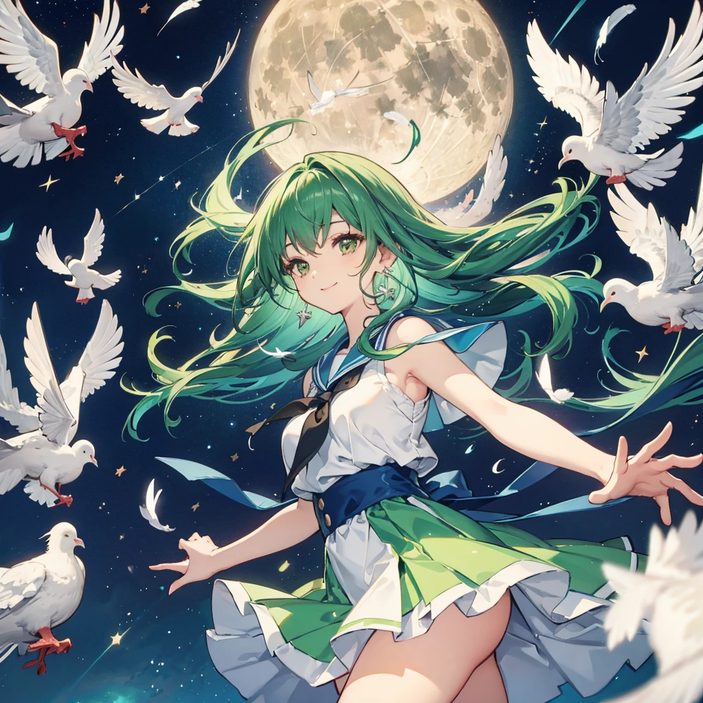 ((fluffy feathers　smile)，((White Dove　Big full moon))，(End of the Galaxy　shooting star　camisole　Drop shoulder　Shiny Earrings　Green Hair　Long Hair)，Sailor suit　Shining Background　Shining Edge　Streaks of Light