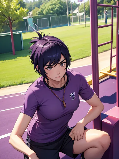 1women, as an athlete, wearing a sports t-shirt and pants, at a playground , purple colour short hair, 8k, high detailed, high q...
