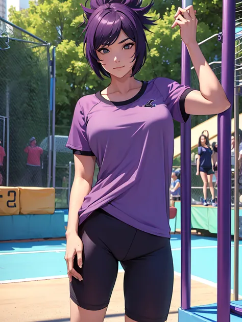 1women, as an athlete, wearing a sports t-shirt and pants, at a playground , purple colour short hair, 8k, high detailed, high q...