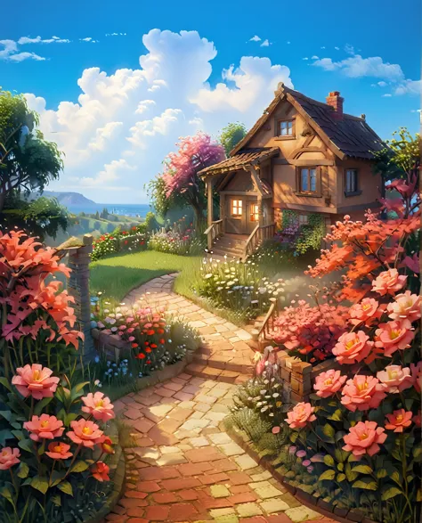 painting of a house with a pathway leading to a garden, flowery cottage, beautiful art uhd 4 k, detailed painting 4 k, by arthur...