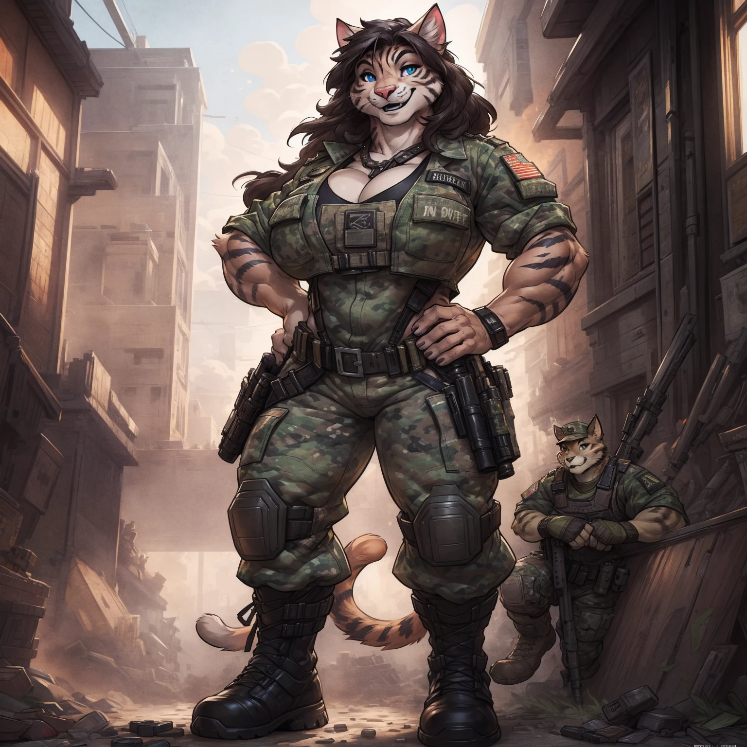 solo, 1girl, feline, cat girl, female, buff, muscular, huge breasts, highly detailed eyes, Amazon, wearing camouflage_uniform, (urban uniform:1.2), military camp, rolled sleeves, shirt, trousers, cleavage, standing upright, combat boots, full body, smiling, friendly, looking at viewer, realistic lighting, by darkgem, by wfa, by bng,