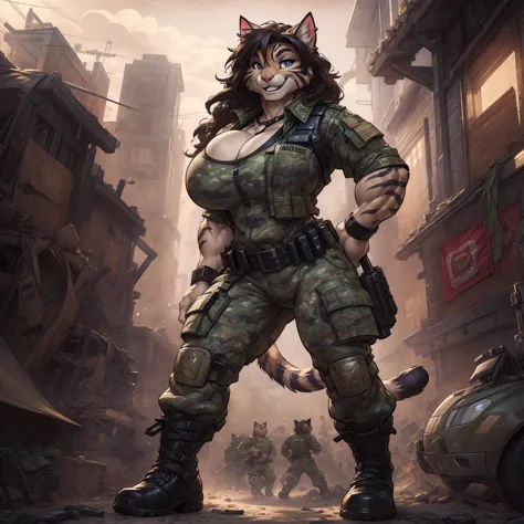 solo, 1girl, feline, cat girl, female, buff, muscular, huge breasts, highly detailed eyes, amazon, wearing camouflage_uniform, (...