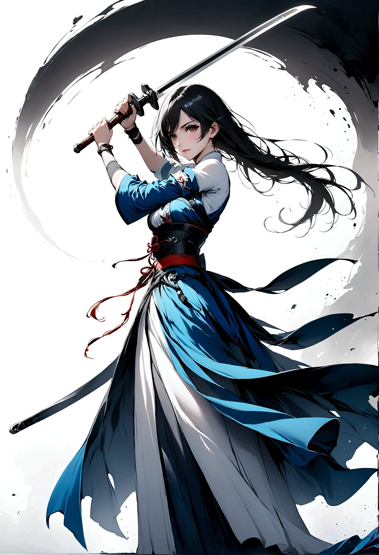 Artistic ink painting，Three-dimensional ink painting，Minimalism，Minimalist graphicinimal Art，Anime girl holding a sword，whole body，Chinese style，antiquity，Ink Painting，Blue robe，Black long hair，Black and white background，Ancient Style White Space，White Space，Large White Space，Texture Matte，Low saturation，Minimalist composition，Master composition
