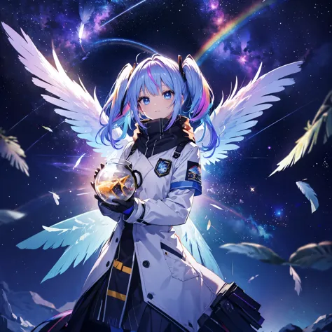 ((archangel　fantasy　rainbow hair　make your hair rainbow-colored on the inside　twin tails　dull blue eyes))　((has a galaxy　uniform...