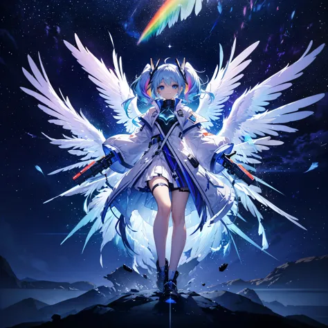 ((archangel　fantasy　rainbow hair　make your hair rainbow-colored on the inside　twin tails　dull blue eyes))　((has a galaxy　uniform...