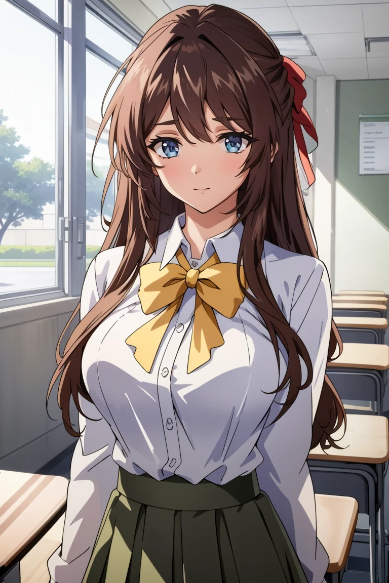 ((Browsing Caution:1.8, masterpiece, Highest quality, High resolution, Hmm., Pixel Perfect, Written boundary depth, 4K, RTTX 10.0, High resolution)), 1 Girl, single, alone, Beautiful Anime Girls, Official Art, Beautiful art style, Anime characters, ((Long Hair, Parted bangs, Dark brown hair)), (Green Eyes:1.4, Round eyes, Beautiful eyelashes, Realistic eyes), (Detailed face, Blushing:1.2), (Smooth texture:0.75, Realistic texture:0.65, Realistic:1.1, Anime CG Style), Mid-chest, Perfect body, Big Breasts, Cleavage, (throw, close), ((ＪＫ , Checked skirt, Neck bow tie, cardigan)), Natural light, indoor, classroom, School, smile, Open your mouth,、Open your mouth、