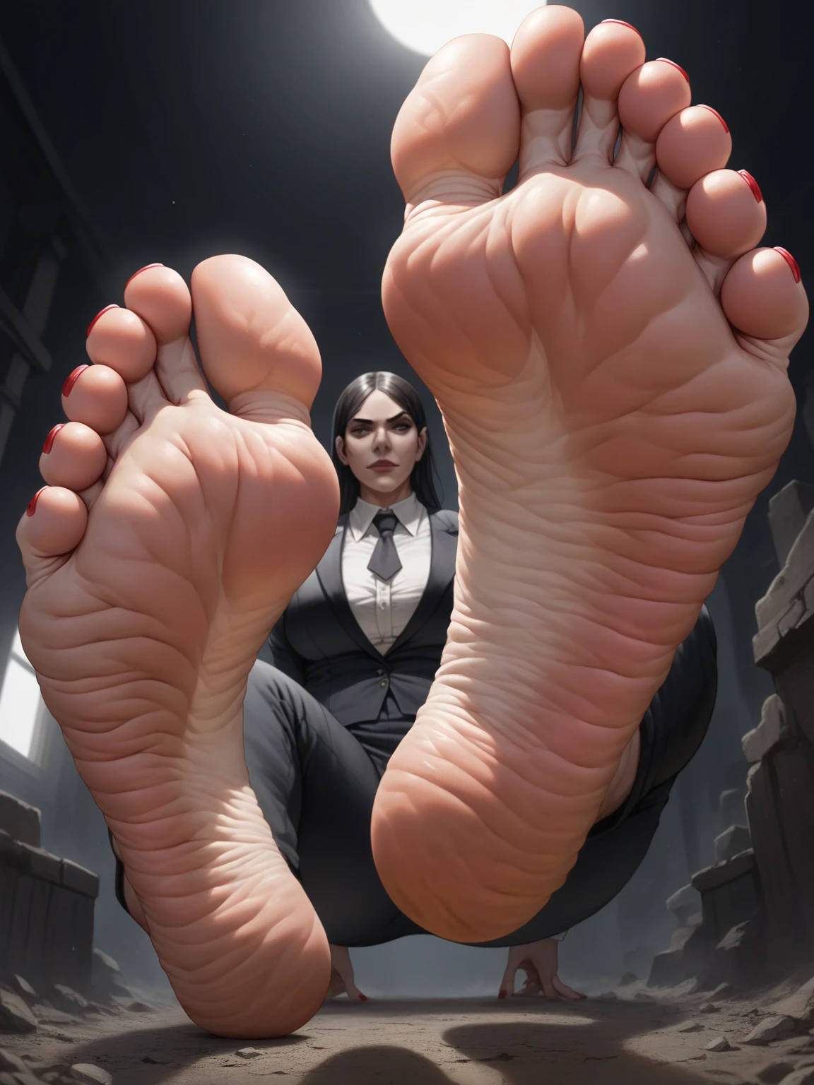 Giant feet soles and toes, red toesnail, black and red backfround, the ground was made of dark water, ultra detailed, wrinkled soles, dirty soles, no character. Masterpiece, 4k, low-angle view, fives toes, two feet