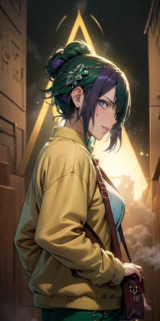 MC, ahoge, (long hari, purple hair:1.3), hair ornament, dark-blue eyes, anatomically correct, heavy breathing, mature female, 1girl, solo, breasts, looking at viewer, long sleeves, jewelry, green eyes, jacket, cowboy shot, earrings, parted lips, pants, bag, from side, green jacket, shoulder bag simple background, (bokeh:1.3) reflective, (fog:1.3), fireflies, hollow eyes, bright pupils, dark-blue eyes, looking at viewer. glowing eyes heavy breathing, seductive smile, (steaming face:1.3), blush face, lips,