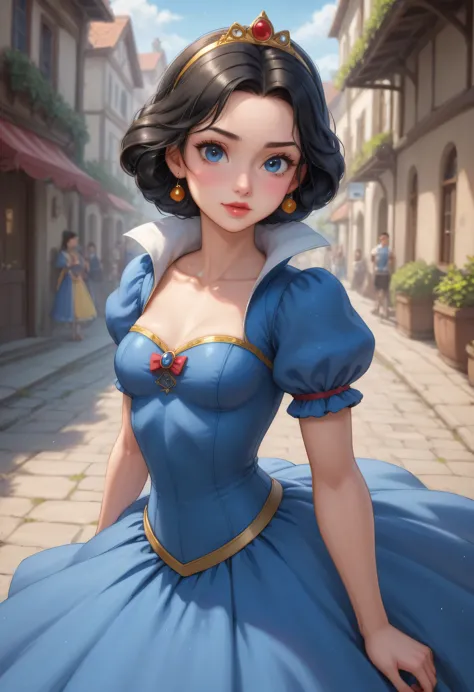 score_9, score_8_up, score_8, Craft a high-detailed image featuring Snow White, the iconic Disney character. Envision her with i...