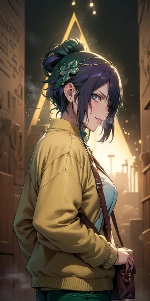 MC, ahoge, (long hari, purple hair:1.3), hair ornament, dark-blue eyes, anatomically correct, heavy breathing, mature female, 1girl, solo, breasts, looking at viewer, long sleeves, jewelry, green eyes, jacket, cowboy shot, earrings, parted lips, pants, bag, from side, green jacket, shoulder bag simple background, (bokeh:1.3) reflective, (fog:1.3), fireflies, hollow eyes, bright pupils, dark-blue eyes, looking at viewer. glowing eyes heavy breathing, seductive smile, (steaming face:1.3), blush face, lips,