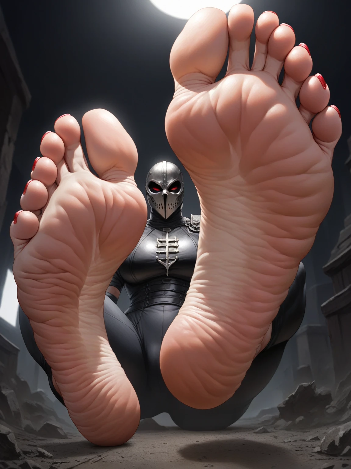 Giant feet soles and toes, red toesnail, black and red backfround, the ground was made of dark water, ultra detailed, wrinkled soles, dirty soles, beautiful ful masked girl. Masterpiece, 4k, low-angle view, fives toes, two feet