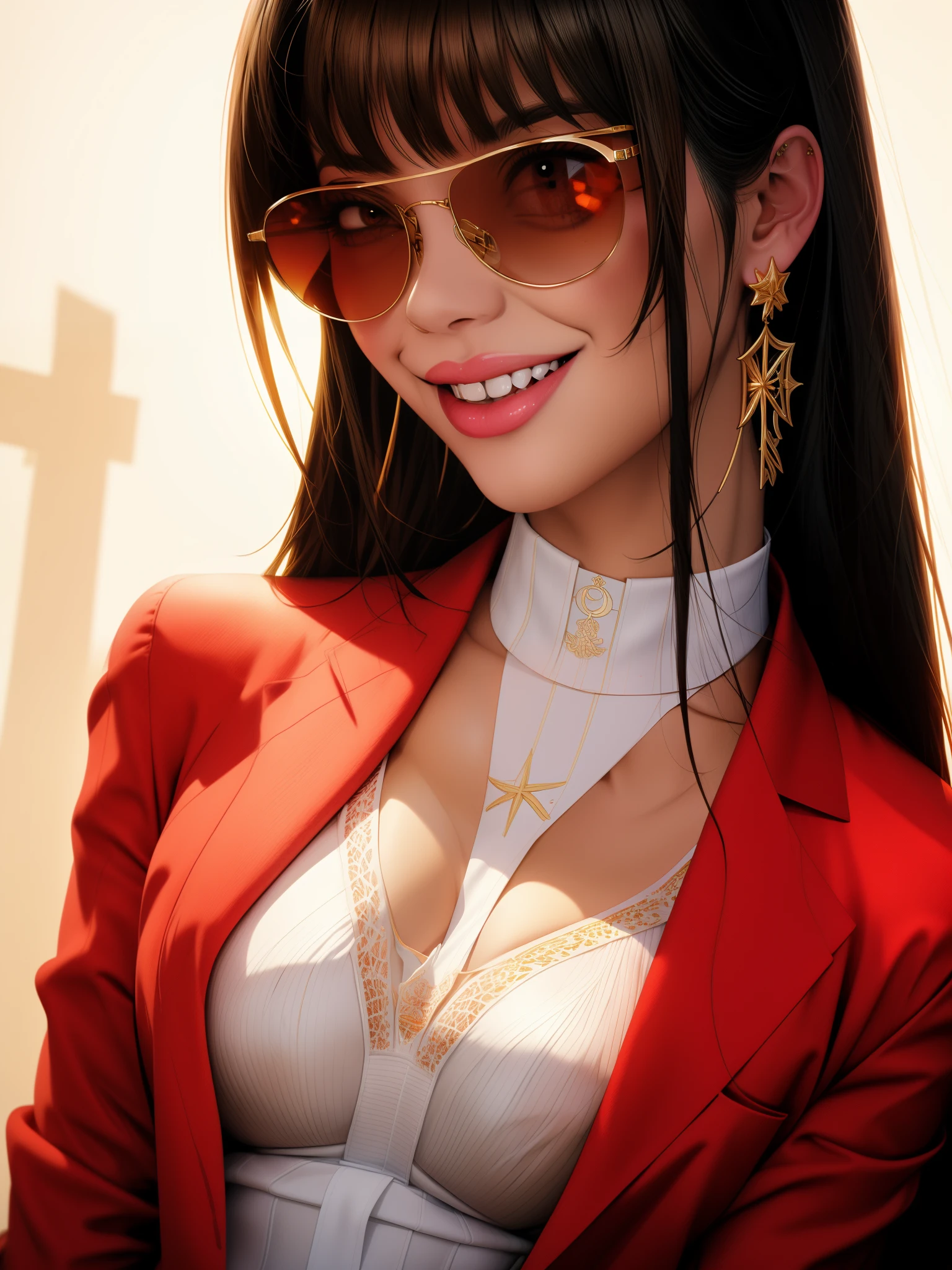 um close de uma mulher usando óculos escuros e uma camisa branca, Arte digital inspired by rossdraws, tendência no ArtStation, Arte digital, em estilo de ilustração digital, ilustração digital requintada, Ilustração digital incrível, Estilo Artgerm, artista gráfico artgerm, Pintura digital brilhante, Estilo Artgerm, Lois van Baarle e Rossdraws