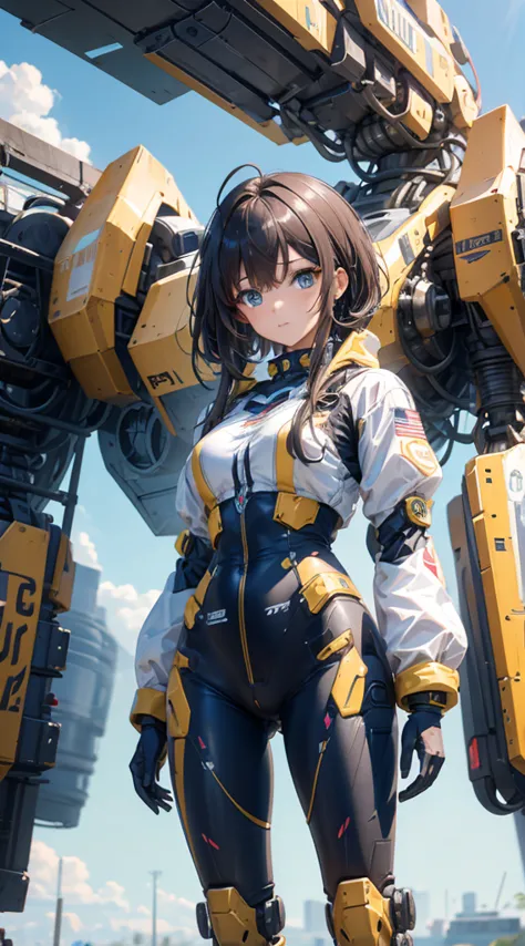 Girl standing in front of the mecha，Mech pilot，Rounded curves of the mecha，Mecha Background，Mechanical style background，Girl in ...