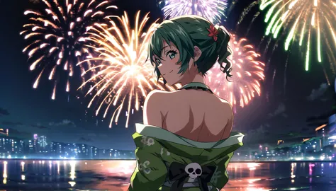 score_9, score_8_up, score_7_up, source_anime, from behind, solo, 1girl, odelschwanck, smile, looking back, skull, green kimono,...