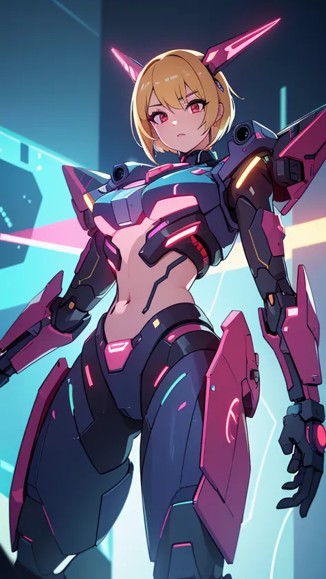 a beautiful idol girl with blond short hair and red eyes, wearing a mecha-themed idol outfit that exposes her belly, (best quali...