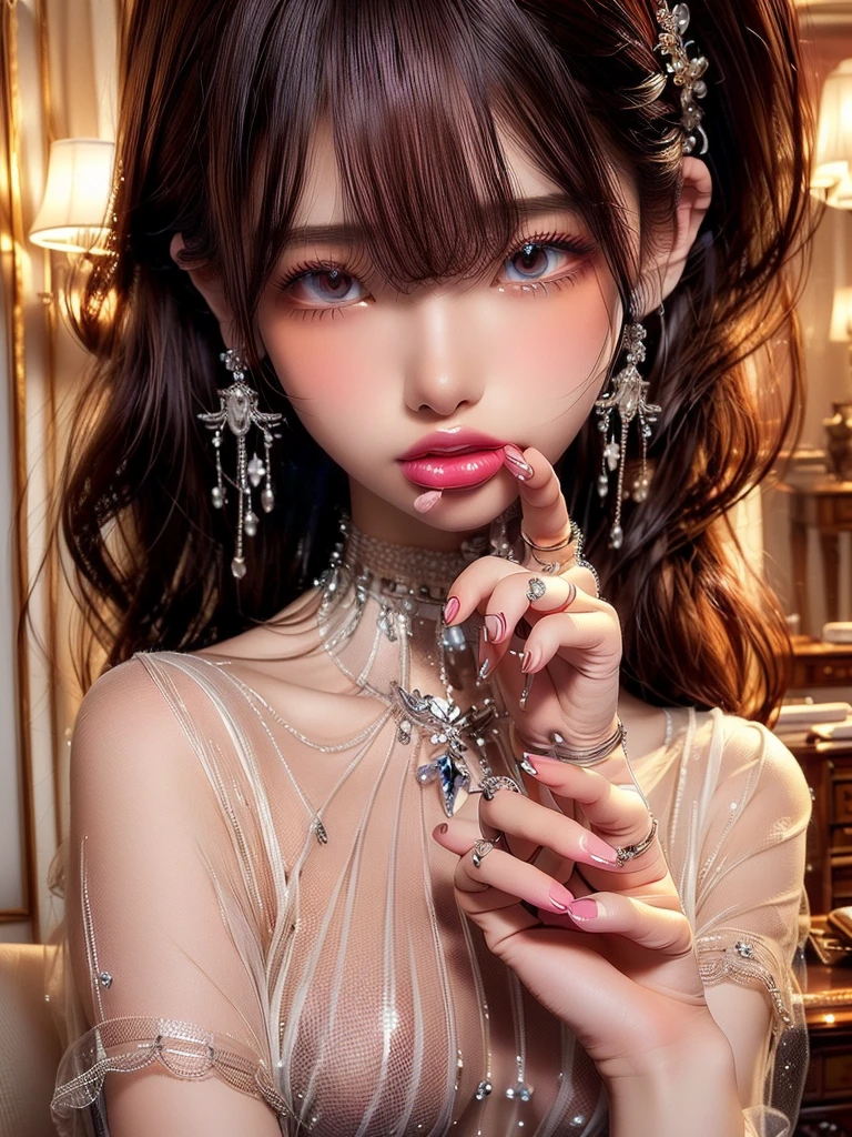 ((Highest quality)),(Ultra-high resolution),(Very detailed),(Detailed Description),((The best CG)),(masterpiece),Highly detailed art、Small breasts、(((See-through dress 1.5)))、hair ornaments、Tie your hair、Sparkly necklace、Ultimate Beauty 1.5、(((Place your right hand on your mouth 1.5)))、Brown Hair、Smiling gently 1.2、Luxurious living room