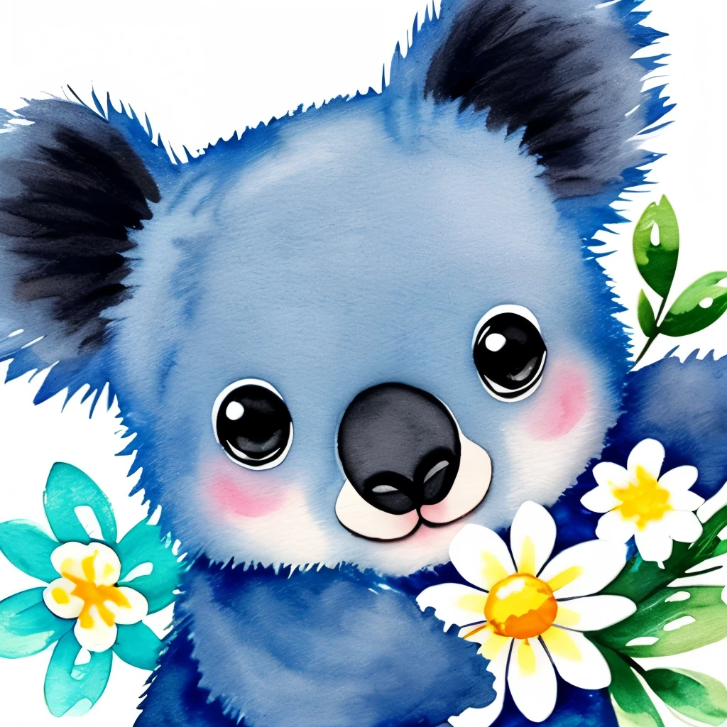 cute chibi bright adorable baby koala bear watercolor artistic style surrounded by white and teal flower arrangement on a white background