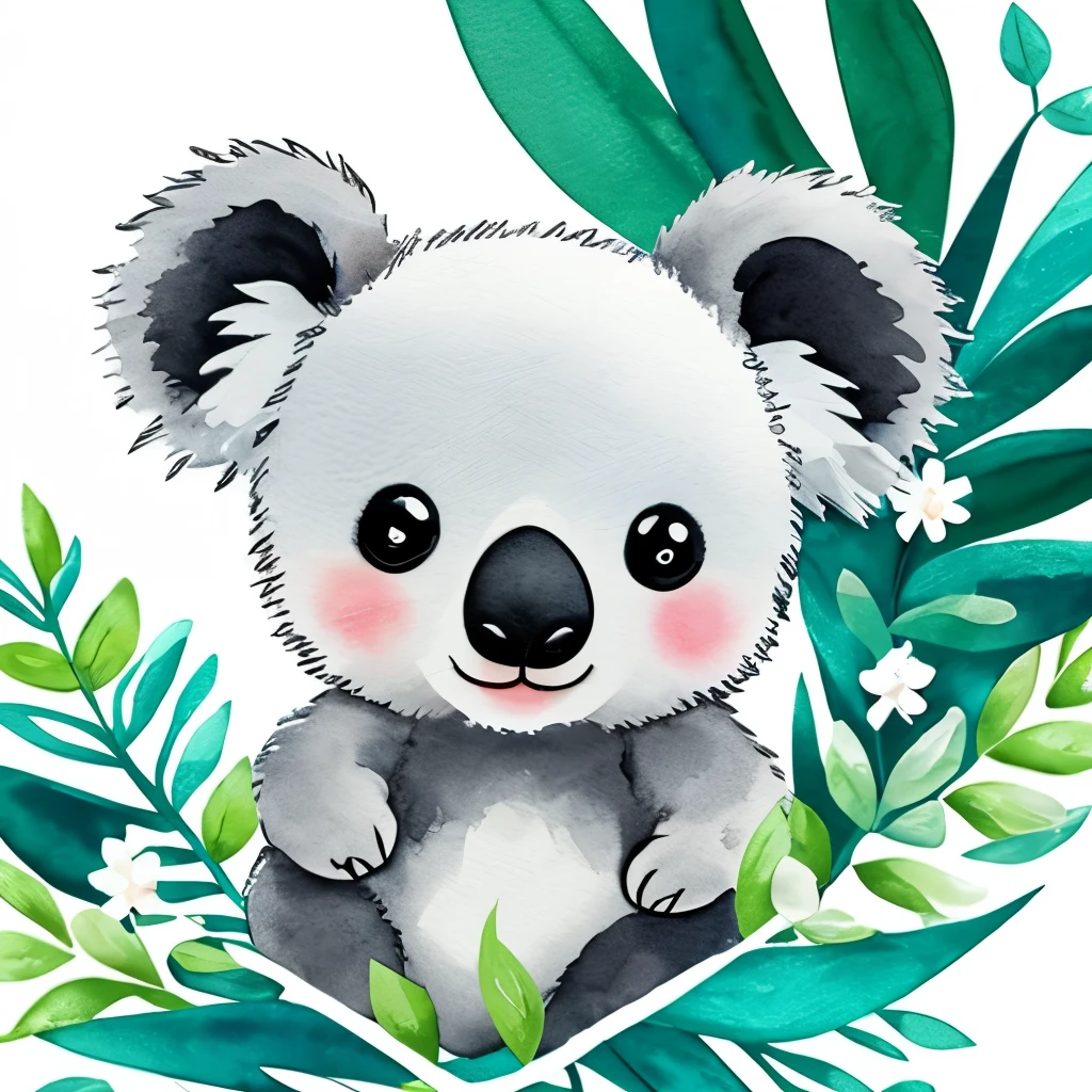 cute chibi bright adorable baby koala bear watercolor artistic style surrounded by white and teal flower arrangement on a white background